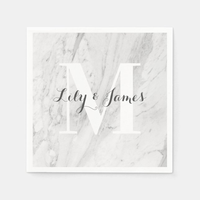 Monogram Name White Grey Marble Wedding Keepsake Napkin (Front)