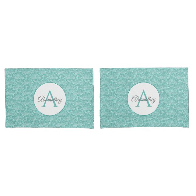 Monogram Name White Sea Shell Pattern Beach House Pillowcase (Front-Set)