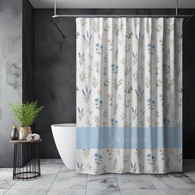 Monogram Name Wildflower Blue Lavender Boho Shower Curtain (Creator Uploaded)