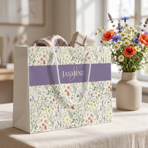 Monogram Name Wildflower Boho Lavender Poppies Large Gift Bag