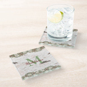 Monogram Name Winter Woodland White Rose Pine Cone Glass Coaster