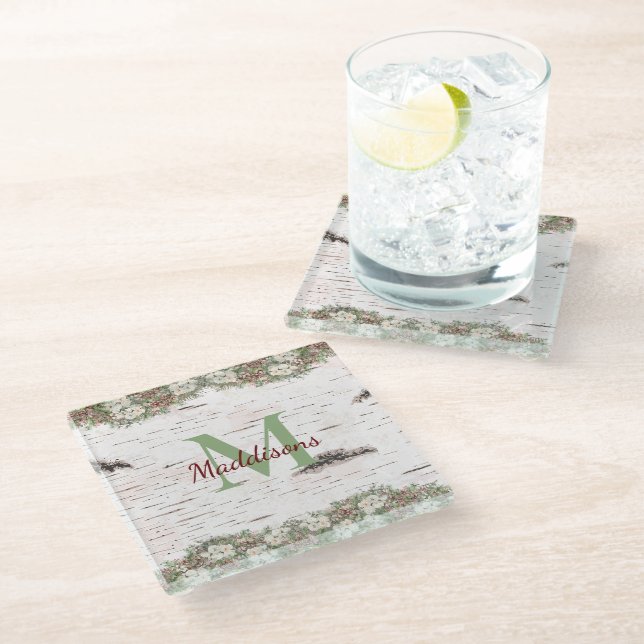 Monogram Name Winter Woodland White Rose Pine Cone Glass Coaster (Angled)