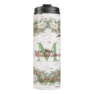 Monogram Name Winter Woodland White Rose Pine Cone Thermal Tumbler