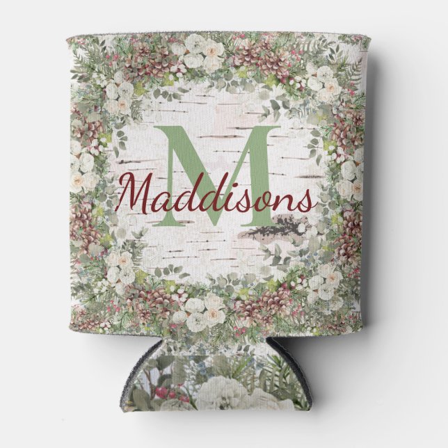 Monogram Name Winter Woodland White Rose Pinecone  Can Cooler (Front)