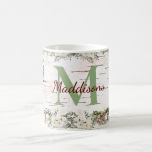 Monogram Name Winter Woodland White Rose Pinecone  Coffee Mug