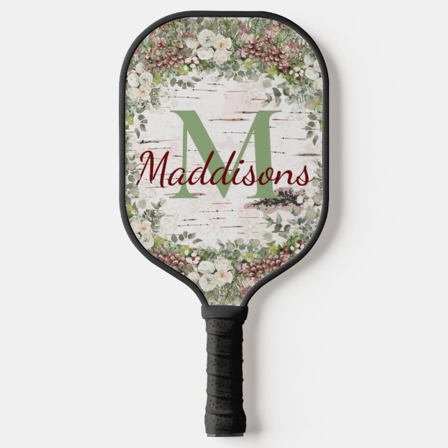Monogram Name Winter Woodland White Rose Pinecone Pickleball Paddle (Front)