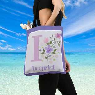 Monogram & Name with Flowers Tote Bag