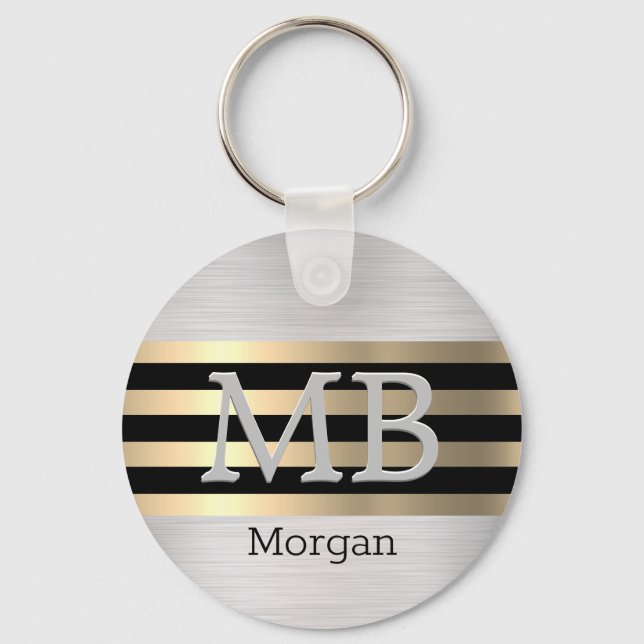 Monogram & Name, Yel Gold Brushed Steel Black Key Ring (Front)