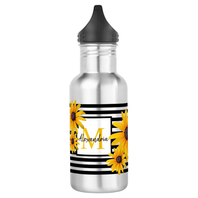 Monogram Name Yellow Flower Black Stripe 532 Ml Water Bottle (Left)
