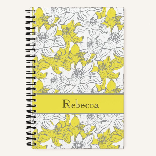Monogram Name Yellow Grey White Floral Flowers  Notebook (Front)