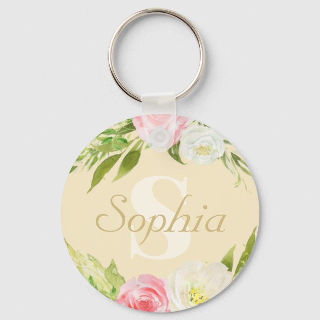Monogram Name Yellow Pink Watercolor Floral Key Ring (Front)