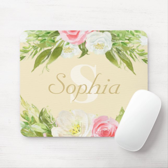 Monogram Name Yellow Pink Watercolor Floral Mouse Mat (With Mouse)