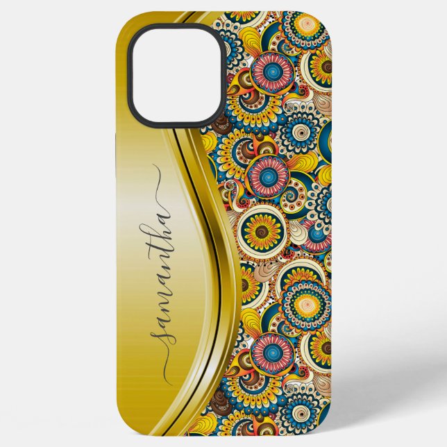 Monogram Name Yellow Retro Abstract Pattern  iPhone Case (Back)