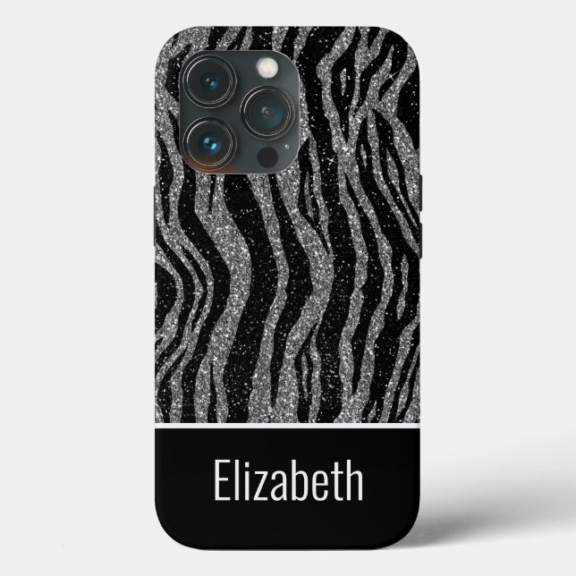 Monogram name  Zebra Print Black Silver Grey Case-Mate iPhone Case (Back)