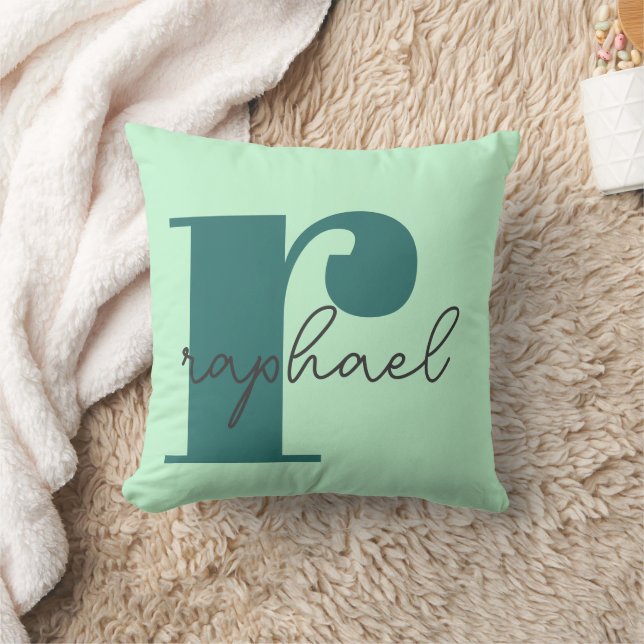 Monogram Named Mint Green Teal Throw Pillow (Blanket)