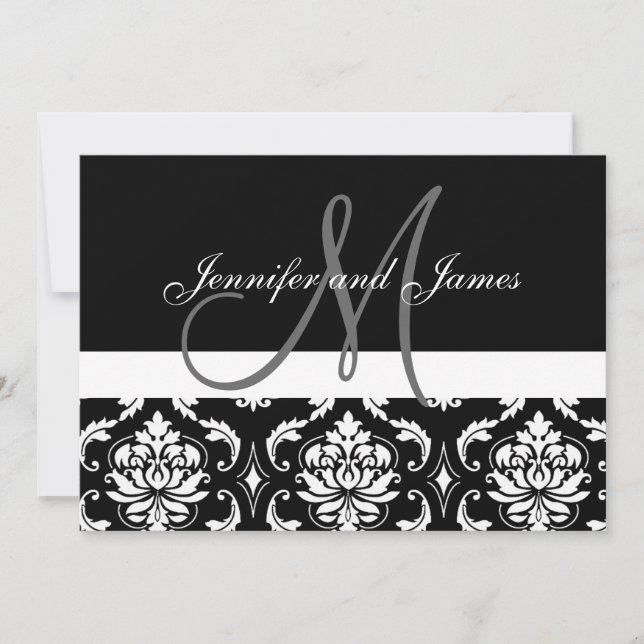 Monogram Names Black Damask Wedding Invitations (Front)