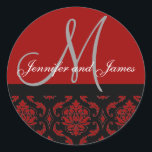 Monogram & Names Damask Burgundy Red Wedding Seal<br><div class="desc">Damask Stickers. Fully customisable Layout Design by Elke Clarke. Graphics licensed.</div>