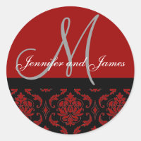 Monogram & Names Damask Burgundy Red Wedding Seal