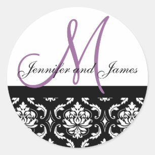 Monogram & Names Damask Plum Wedding Sticker