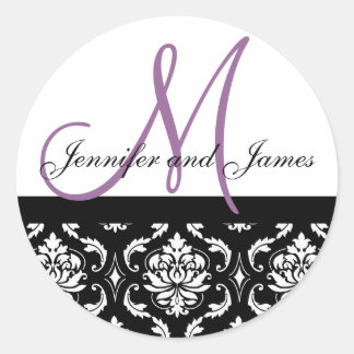 Monogram & Names Damask Plum Wedding Sticker
