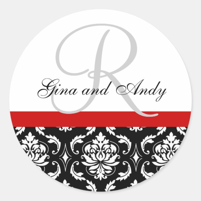 Monogram & Names Damask Red Wedding Sticker (Front)
