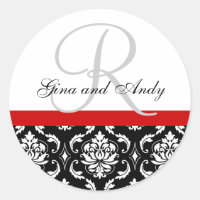 Monogram & Names Damask Red Wedding Sticker