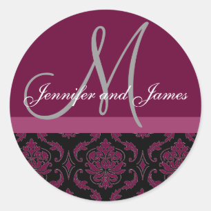 Monogram & Names Damask Wine Grey Wedding Sticker