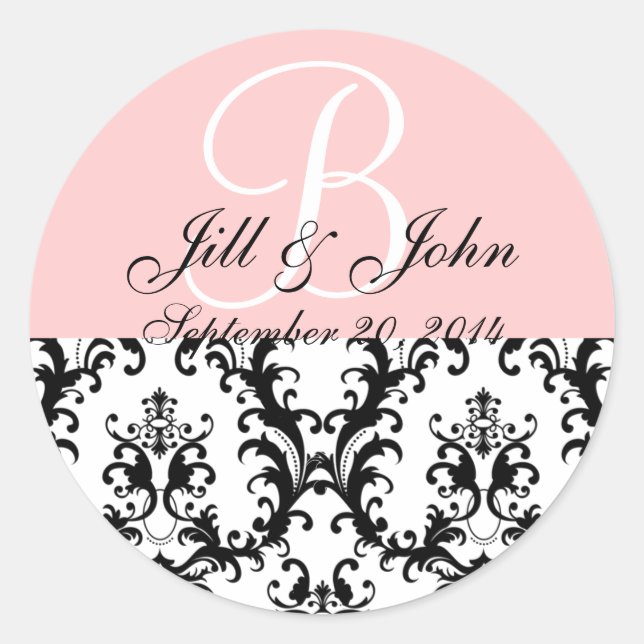 Monogram Names Date Damask Pink Wedding Sticker (Front)