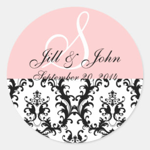 Monogram Names Date Damask Pink Wedding Sticker