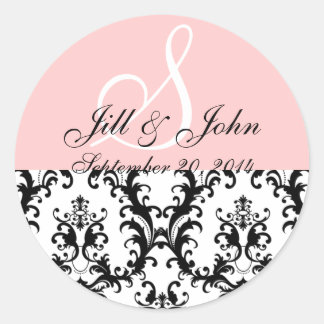 Monogram Names Date Damask Pink Wedding Sticker