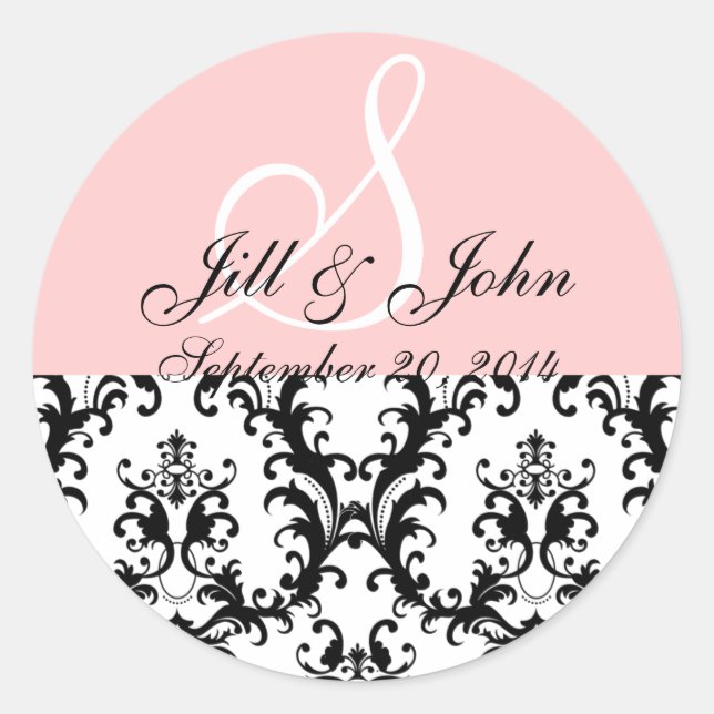 Monogram Names Date Damask Pink Wedding Sticker (Front)