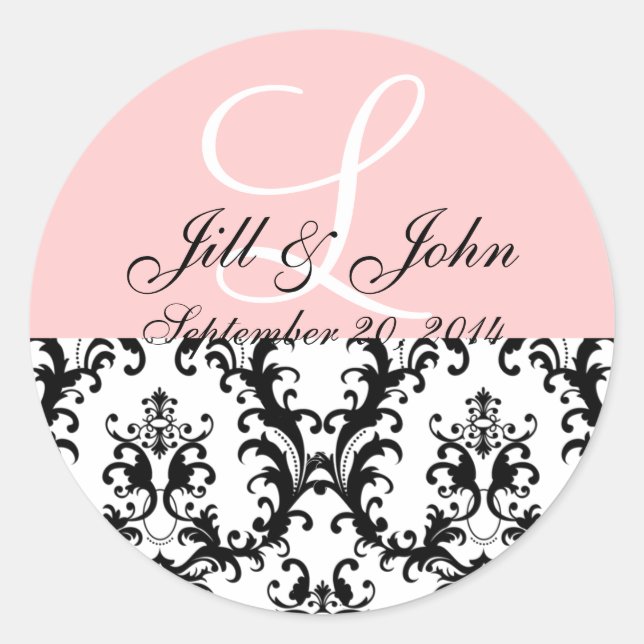 Monogram Names Date Damask Pink Wedding Sticker (Front)