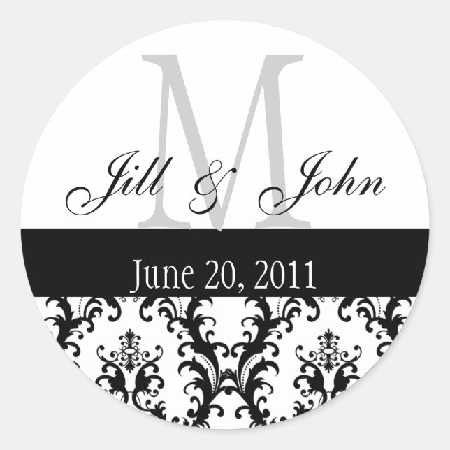 Monogram Names Date Damask Wedding Grey Black Classic Round Sticker (Front)