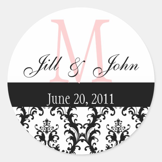 Monogram Names Date Damask Wedding Pink Black Classic Round Sticker (Front)