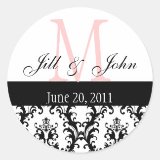 Monogram Names Date Damask Wedding Pink Black Classic Round Sticker