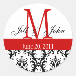 Monogram Names Date Damask Wedding Red White Classic Round Sticker