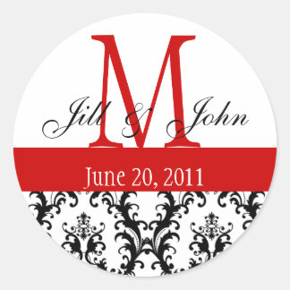 Monogram Names Date Damask Wedding Red White Classic Round Sticker