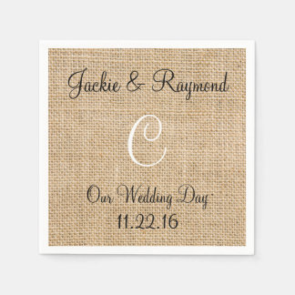 Monogram Names Date Rustic Burlap Monogram Napkin