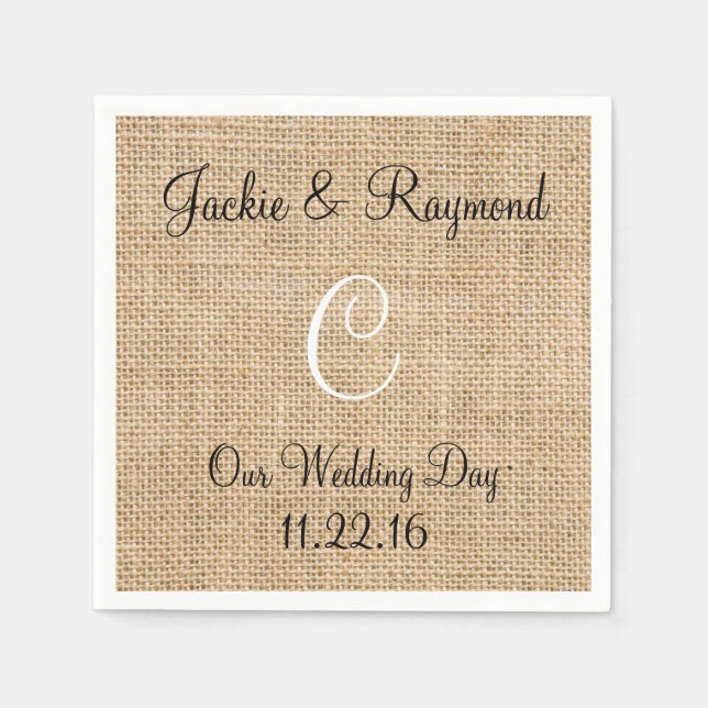 Monogram Names Date Rustic Burlap Monogram Napkin (Front)