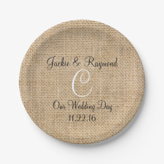 Monogram Names Date Rustic Burlap Monogram Paper Plate