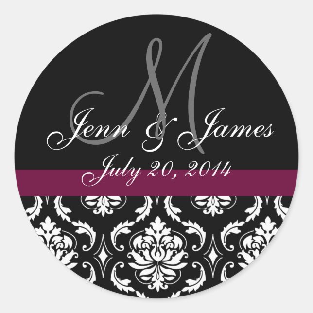 Monogram Names Date Wine Damask Wedding Seal (Front)