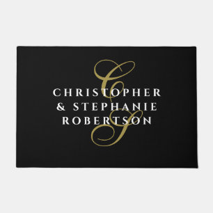 Monogram Names Elegant Black Gold White Minimalist Doormat