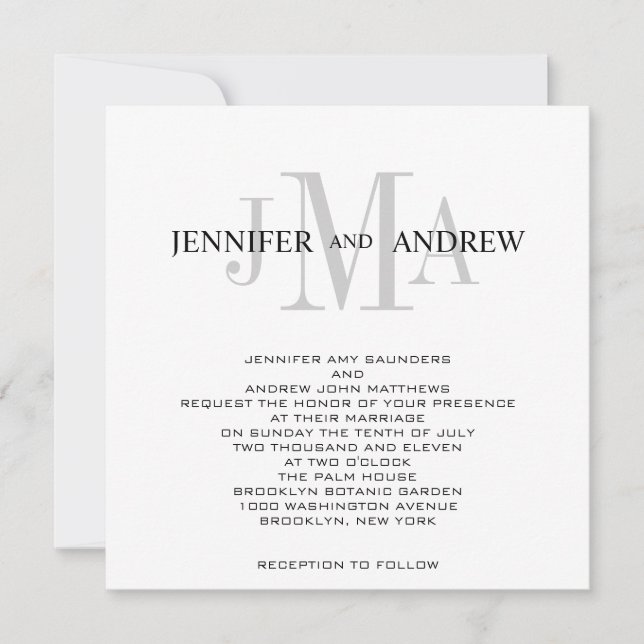 Monogram Names Wedding Invitations Black White (Front)