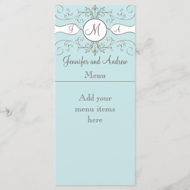 Monogram Names Wedding Menu Cards Blue (Front)