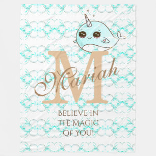 Monogram Narwhal Fleece Blanket Blue Bubbles