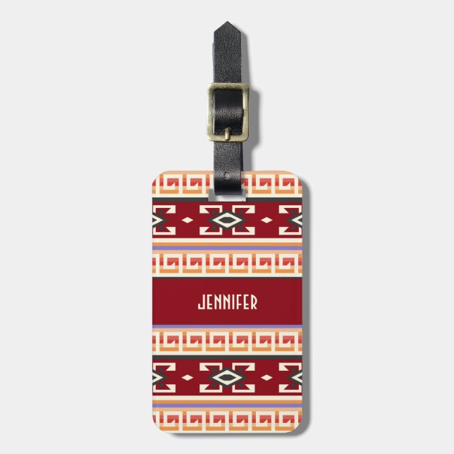 Monogram Native American Tribal Geometric Pattern Luggage Tag (Front Vertical)