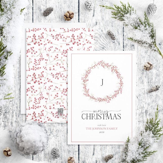 Monogram Natural Red Berry Wreath Merry Christmas  Holiday Card (Creator Uploaded)