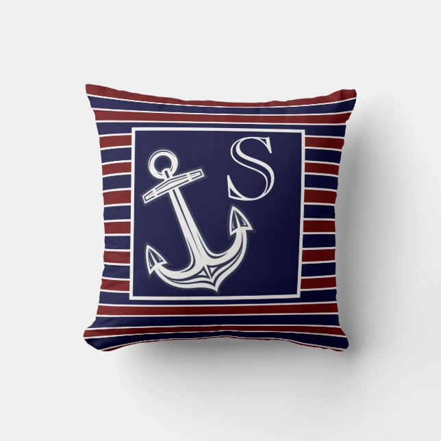  Monogram Nautical Anchor Navy Blue Maroon stripes Cushion (Front)
