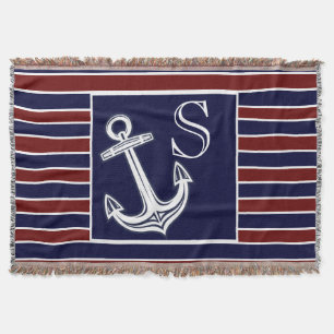 Monogram Nautical Anchor Navy Blue Maroon stripes Throw Blanket