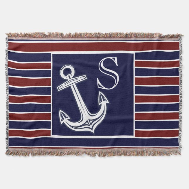  Monogram Nautical Anchor Navy Blue Maroon stripes Throw Blanket (Front)